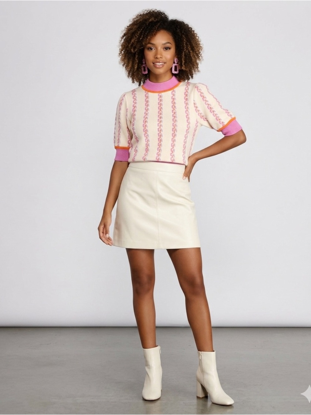 THML Multi-Pattern Short Sleeve Knit Sweater Cream with Pink and Orange Trim M - Picture 2 of 11